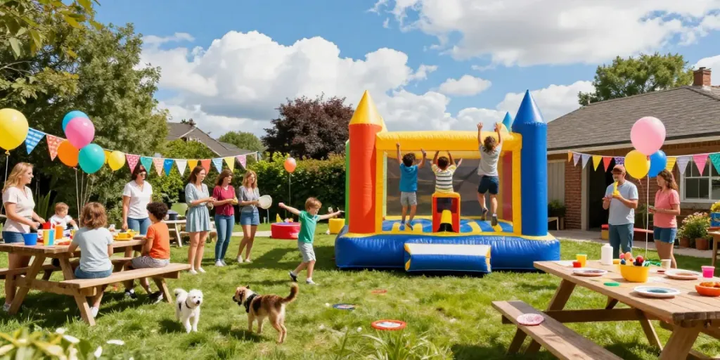 Kids enjoying a bounce castle at a sunny outdoor party, surrounded by laughter and decorations.