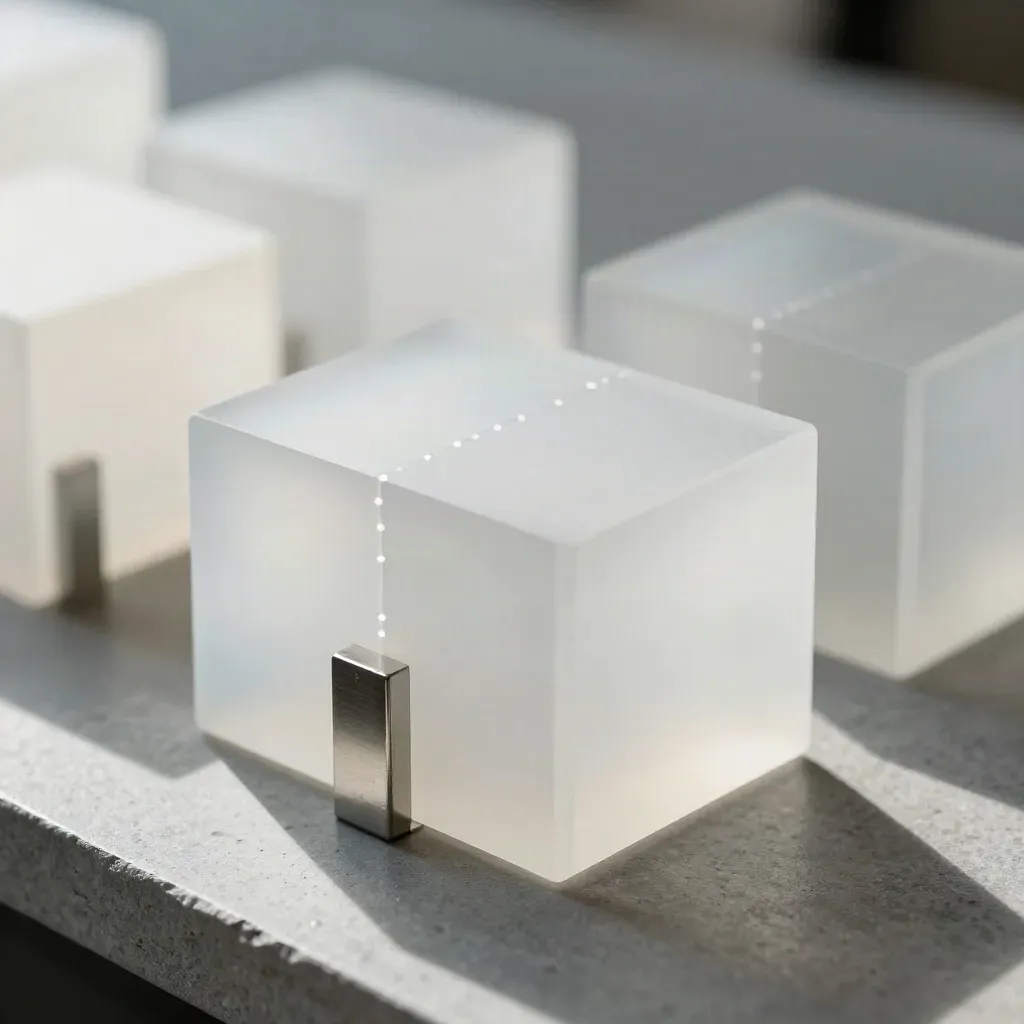 Frosted acrylic prototype blocks, white magnet dots and brushed aluminium standoffs on cool grey stone.