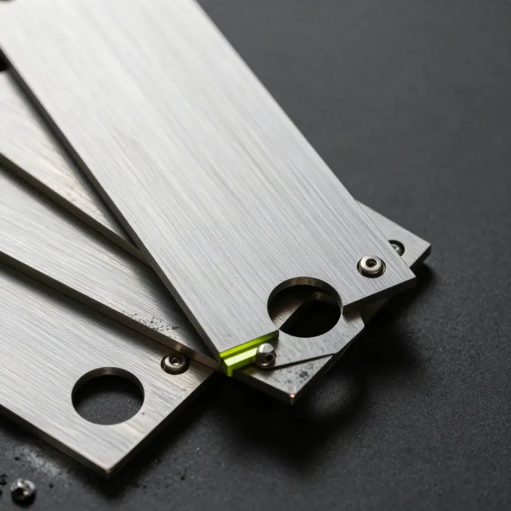 Overlapping aluminium plates with circular cutouts, fasteners, and graphite dust on brushed metal.