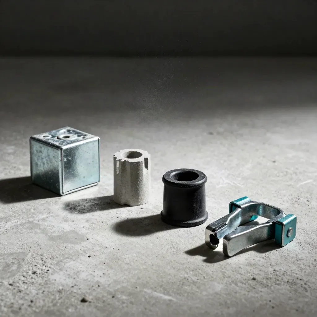 Construction hardware still life with screw box, anchor sleeve, rubber spacer, and steel clamp.