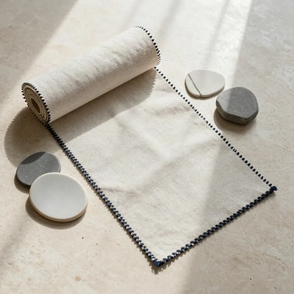 Top-down still life of linen swatches, ceramic chips, and a stone paperweight on pale stone.