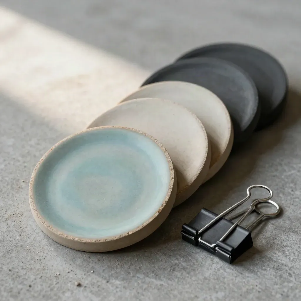 Clay sample discs, binder clip, and carbon spacer on brushed stone with a muted teal accent.