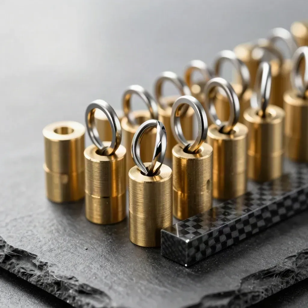 Brass standoffs, steel rings and carbon-fibre sample on slate under dramatic light.