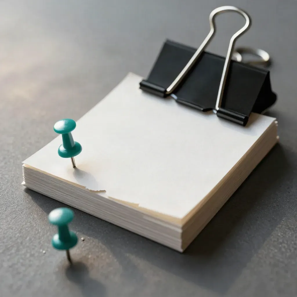 Macro of binder-clipped task cards with two steel pins on graphite surface