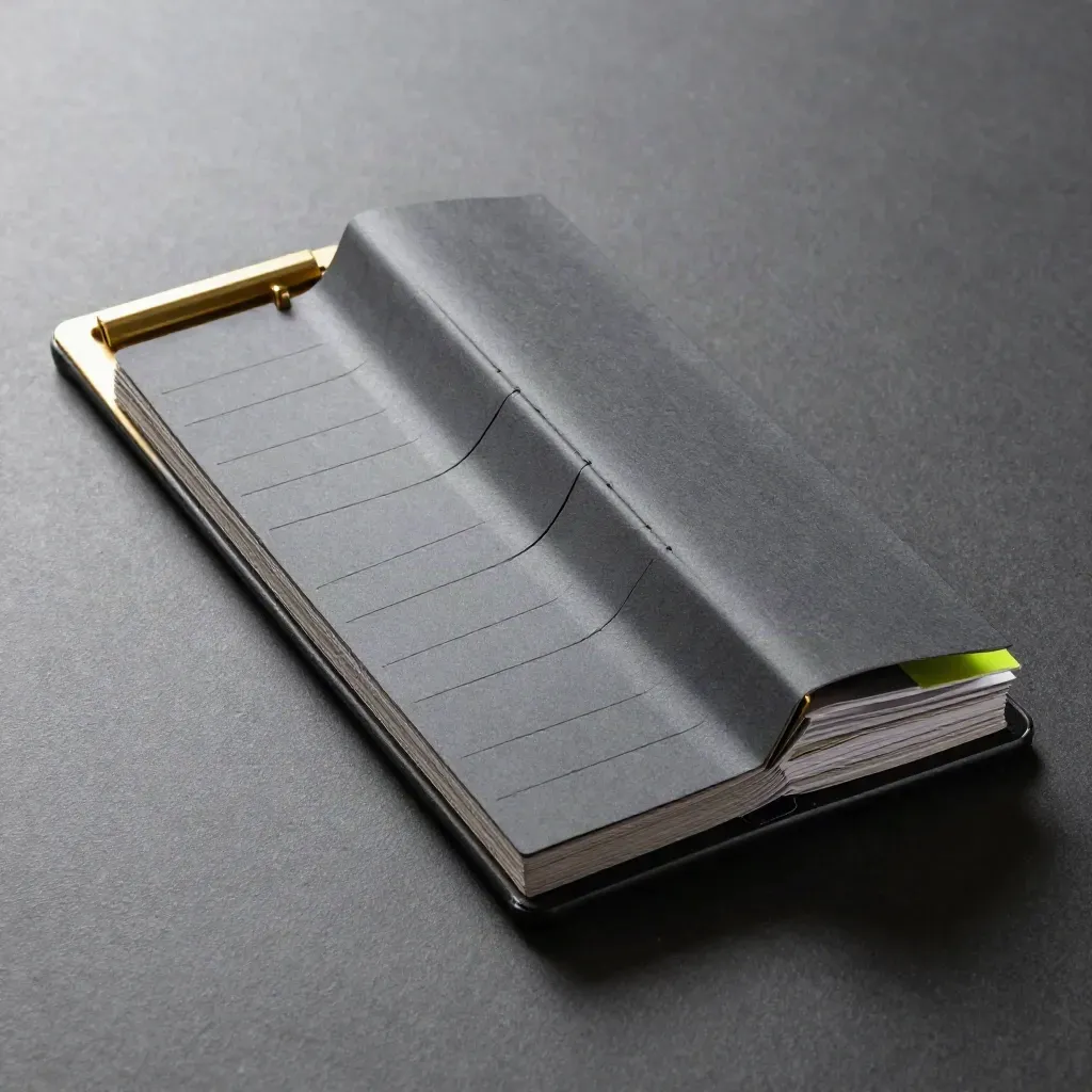 Accordion roadmap board with brass paperweight and black spacer block on a stone surface