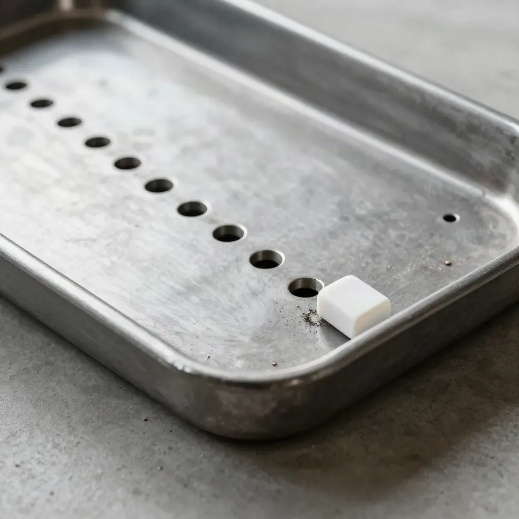 Perforated steel tray with evenly spaced machined counters, one counter loose at the end.