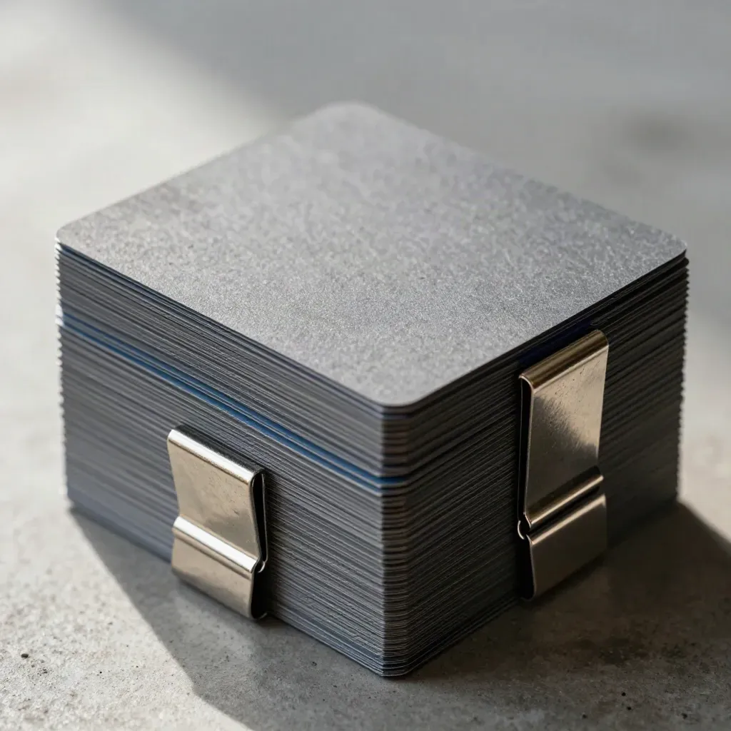 Macro of graphite cards clipped in a diagonal stack on concrete, with a lifted top layer.