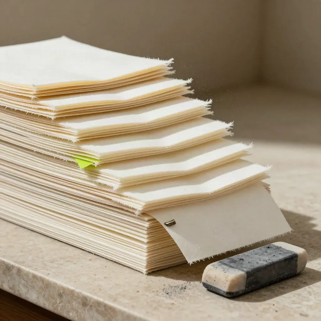 Side-on stack of paper pads with a worn eraser on limestone, lit by soft daylight.