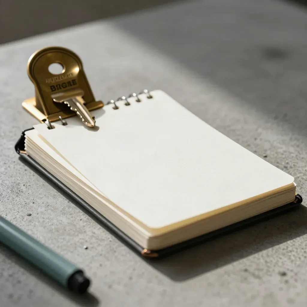 Charcoal notebook, blank cards, and brass paperweight on concrete with dramatic side light.