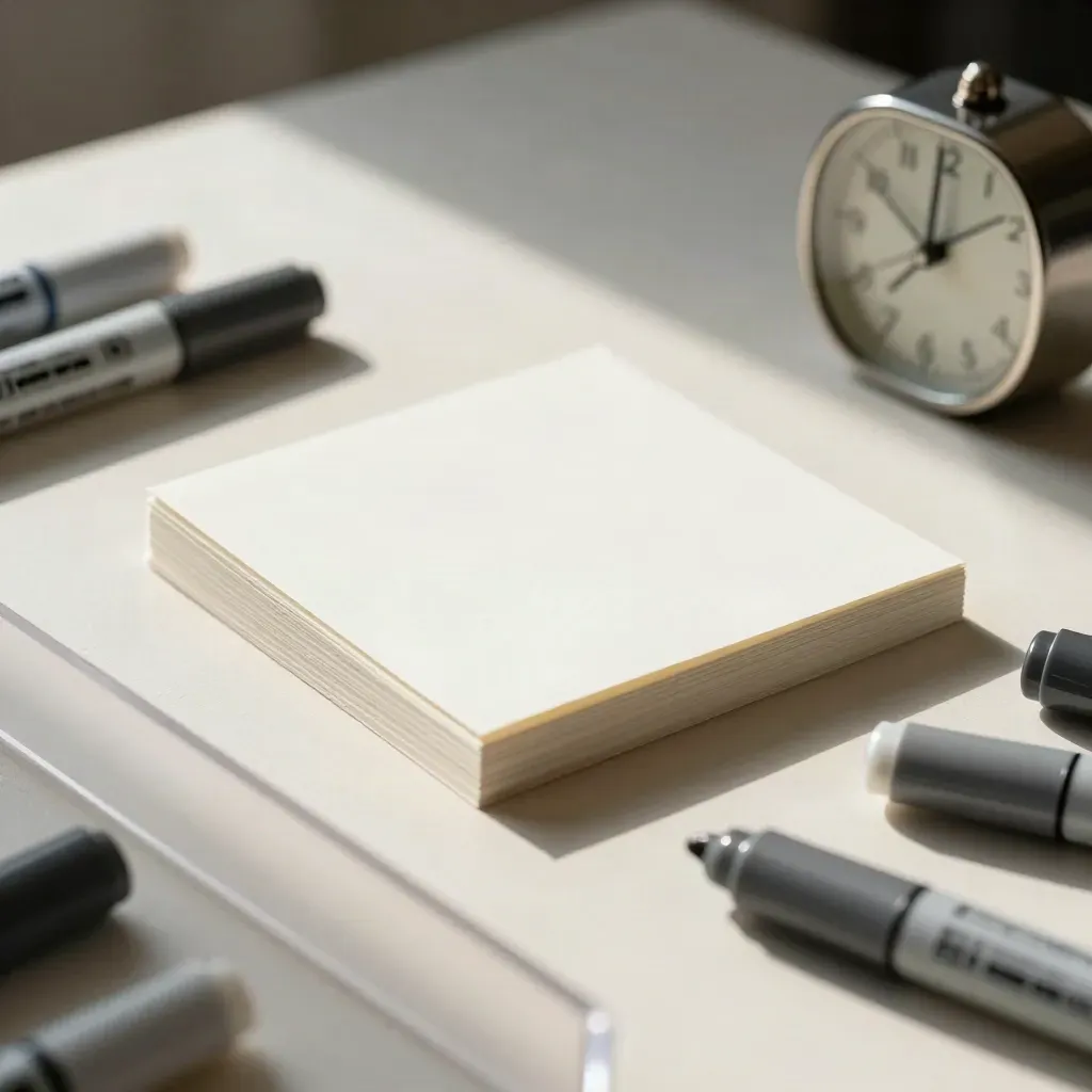 Frosted divider, blank sketch cards, marker caps and a desk timer on a planning surface.