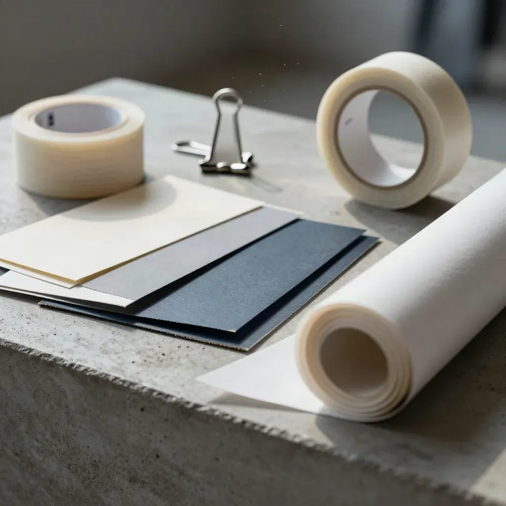 Swatch fan, gaffer tape, clips, and rolled sample sheet on concrete in dramatic studio light.
