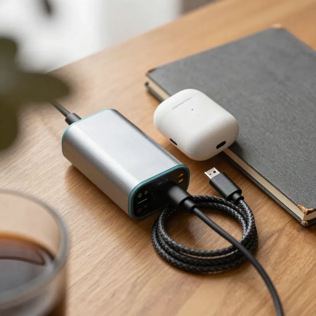 Extreme macro still life of charger, earbuds case, USB-C cable and pocket notebook on warm oak.
