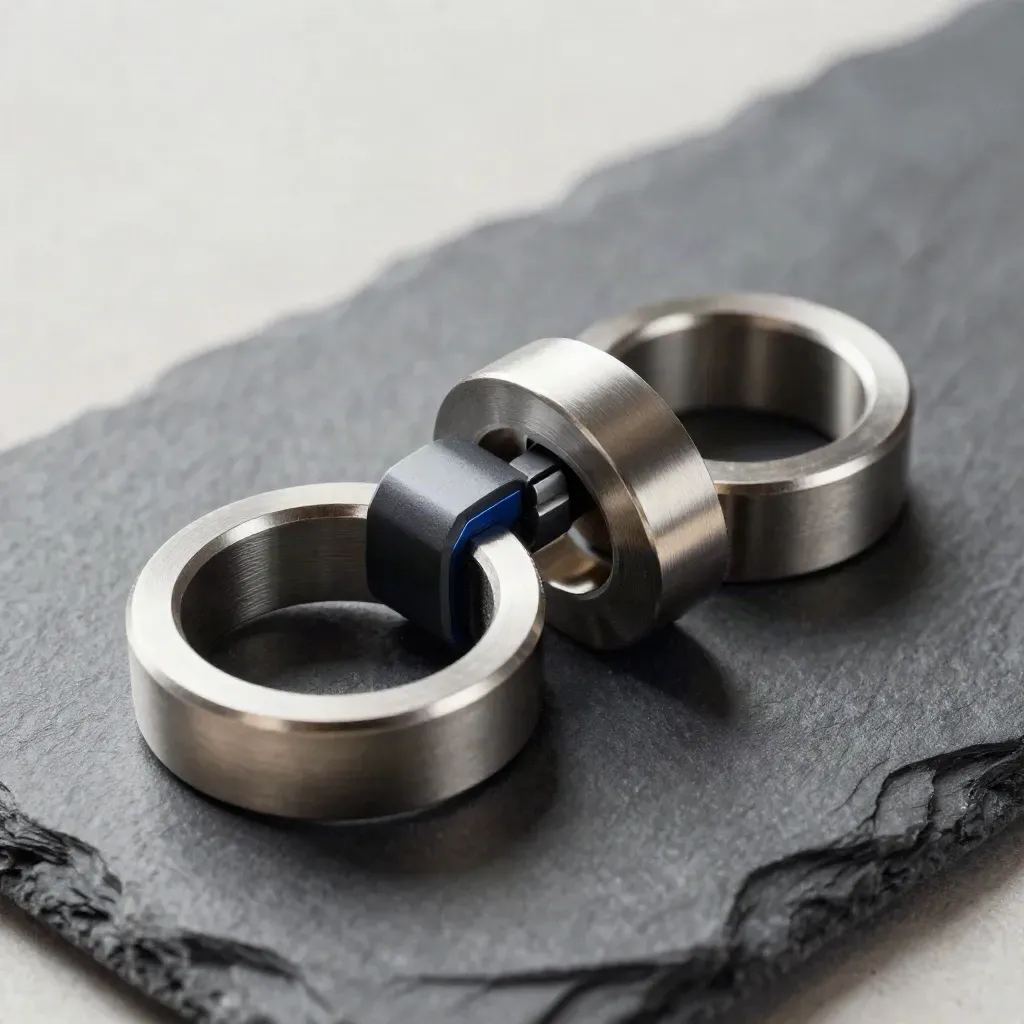 Brushed-steel rings and connector blocks on slate, lit in a dramatic still life with cool haze.