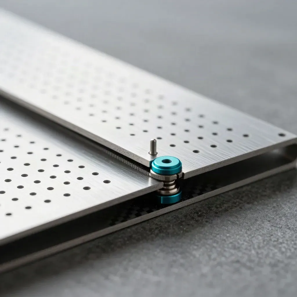 Top-down macro of metal plates, spacers and a carbon-fibre shim joined by a central pin.