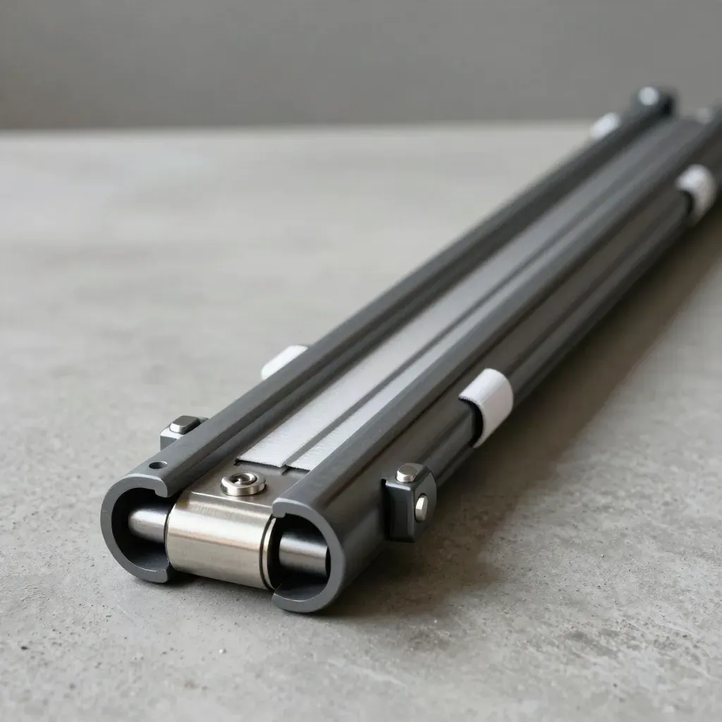Graphite rails, spacers, and spring clamps on concrete, lit in a premium diagonal close-up