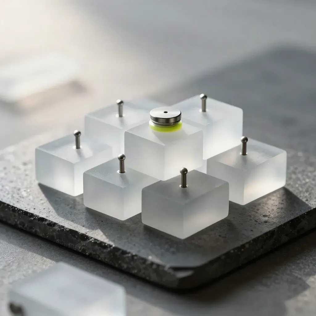 Frosted acrylic blocks and metal connectors with a lime accent on concrete.
