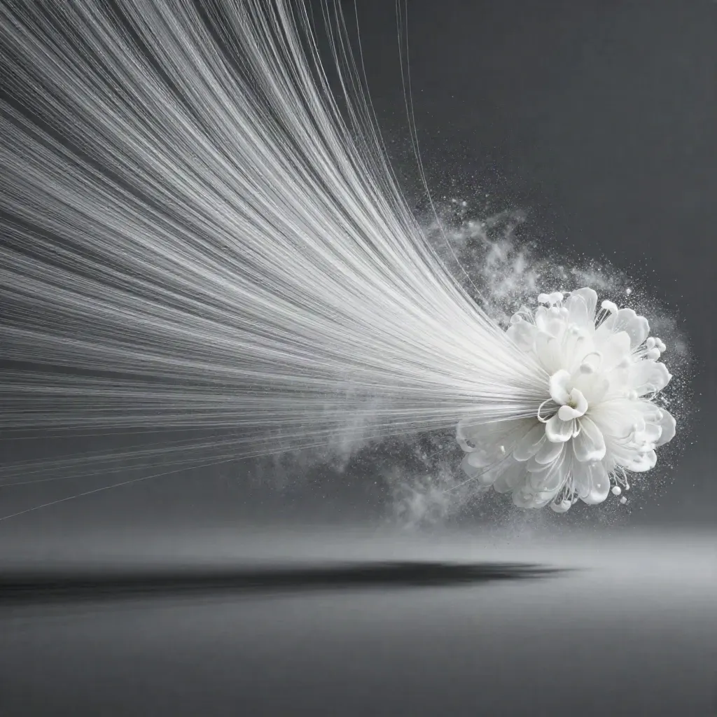Abstract silver light filaments converging in graphite haze with calm copy space.